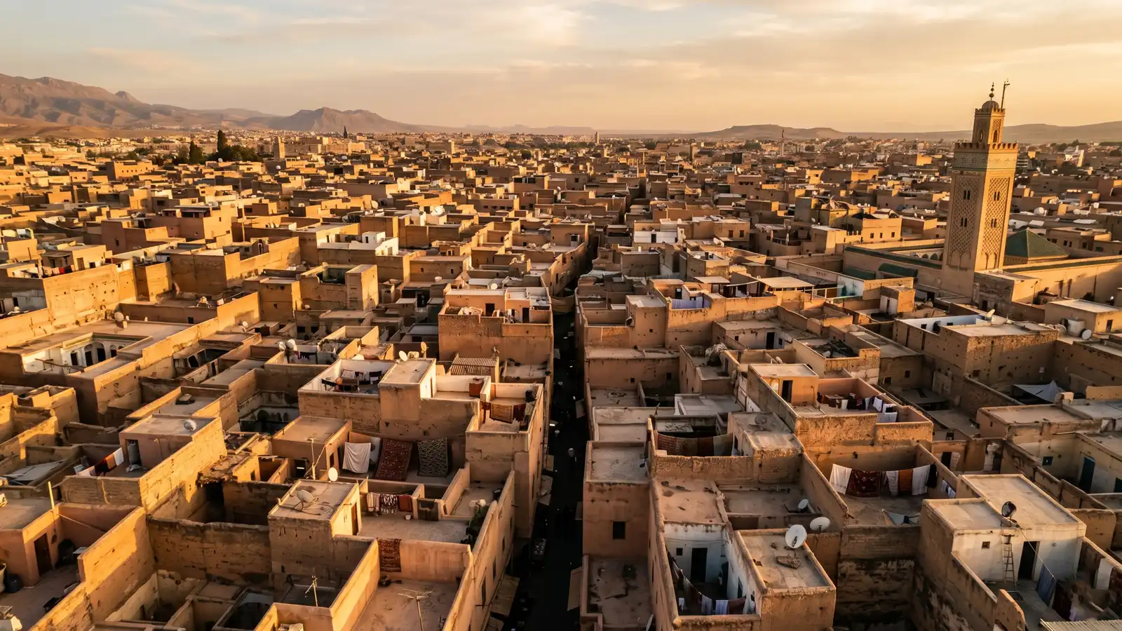 Aerial view of a Moroccan medina rooftops at golden hour with a minaret rising above the terracotta cityscape