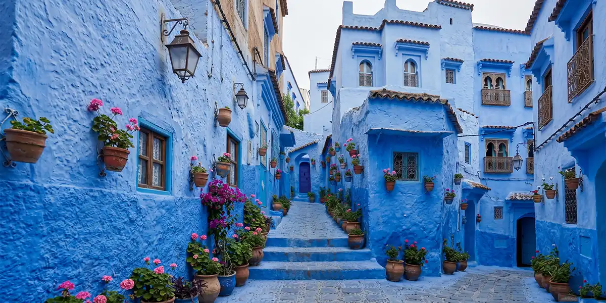 Blue-painted alleyway in Chefchaouen Morocco with an arched doorway and small potted plants on the steps