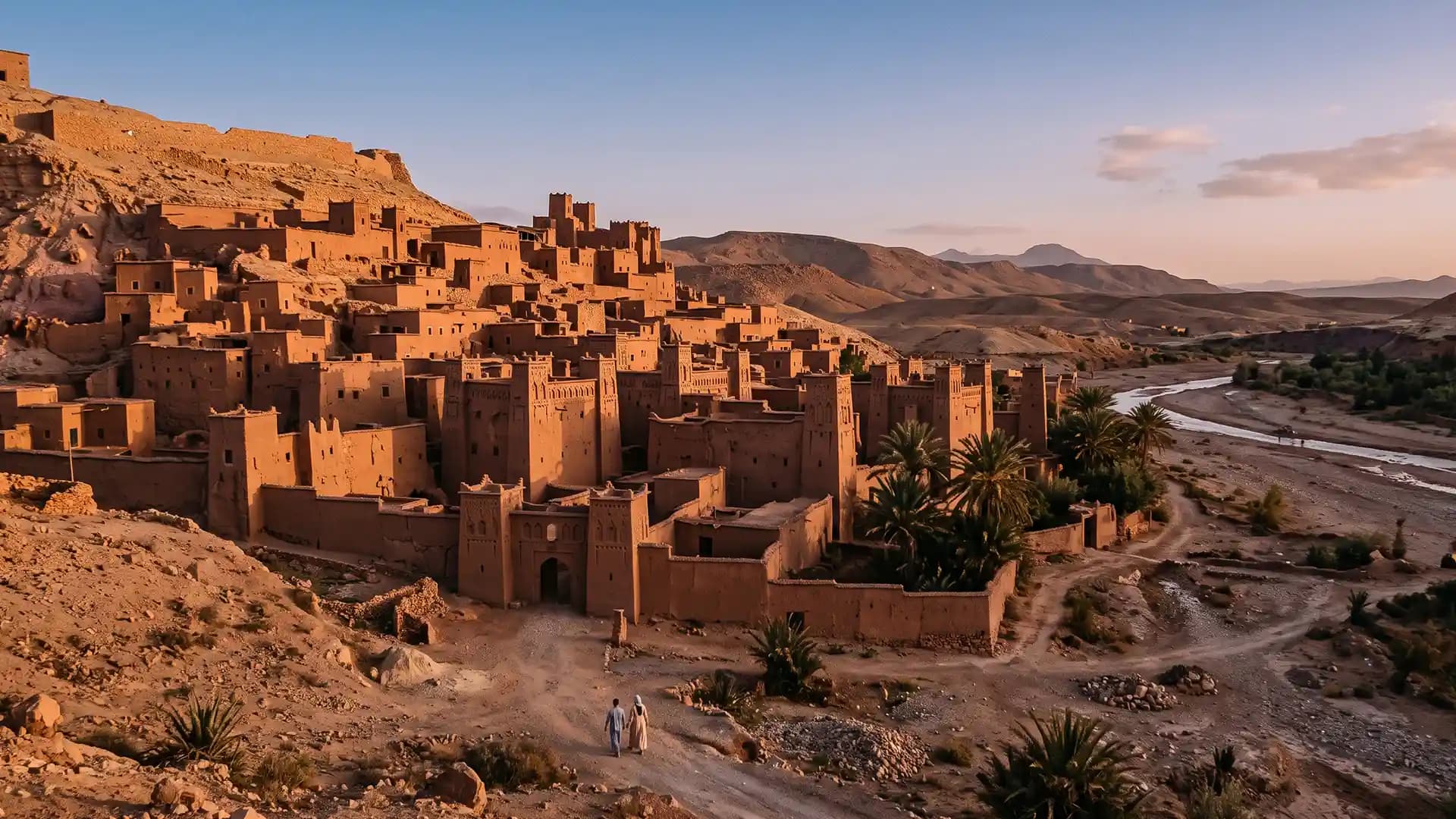 The kasbah of Aït Ben Haddou at golden hour, a landmark on the route from Marrakesh to the Sahara