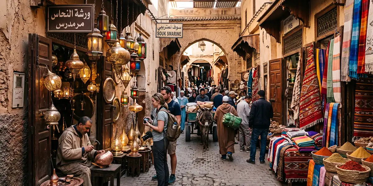 Travelers exploring one of the best things to do in Morocco inside a historic medina filled with artisans and traditional souks