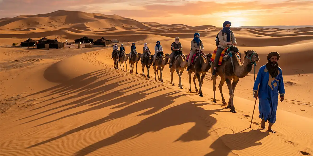 Camel trekking across the Erg Chebbi dunes, one of the most popular things to do in Morocco