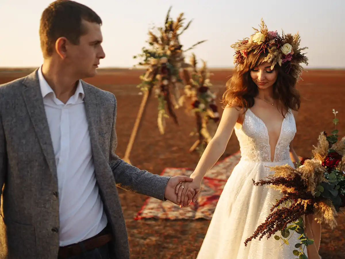 Luxury wedding or proposal setup in the Moroccan desert with elegant decor