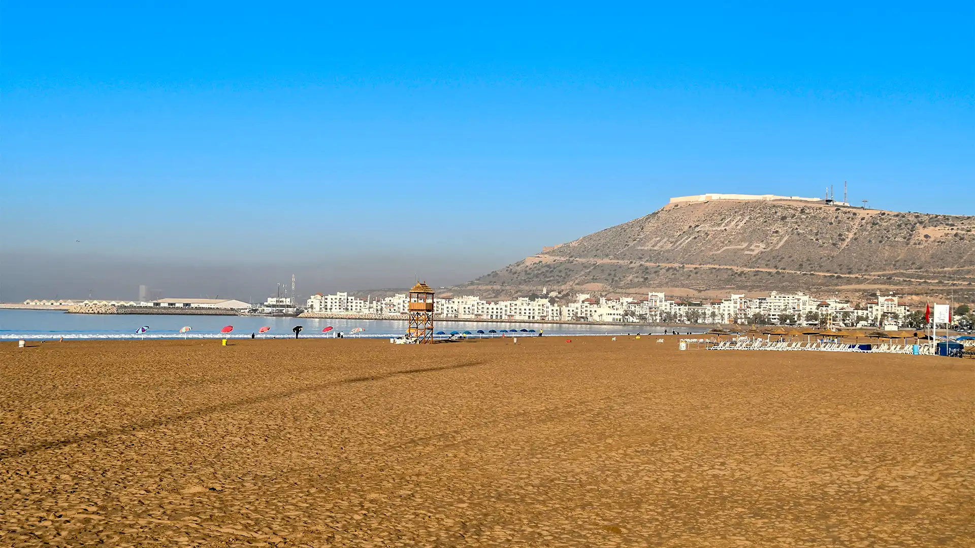 Agadir beach with Oufella mountain Morocco Atlantic coastline