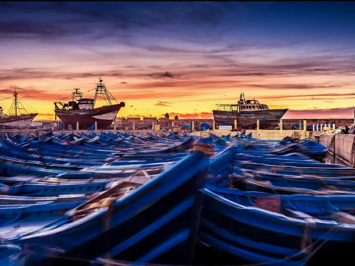 Essaouira harbor with fishing boats and Atlantic coast Morocco