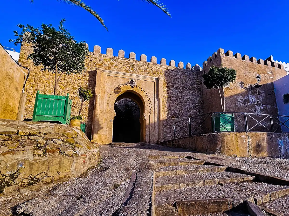 Old door in Tangier medina with traditional Moroccan design