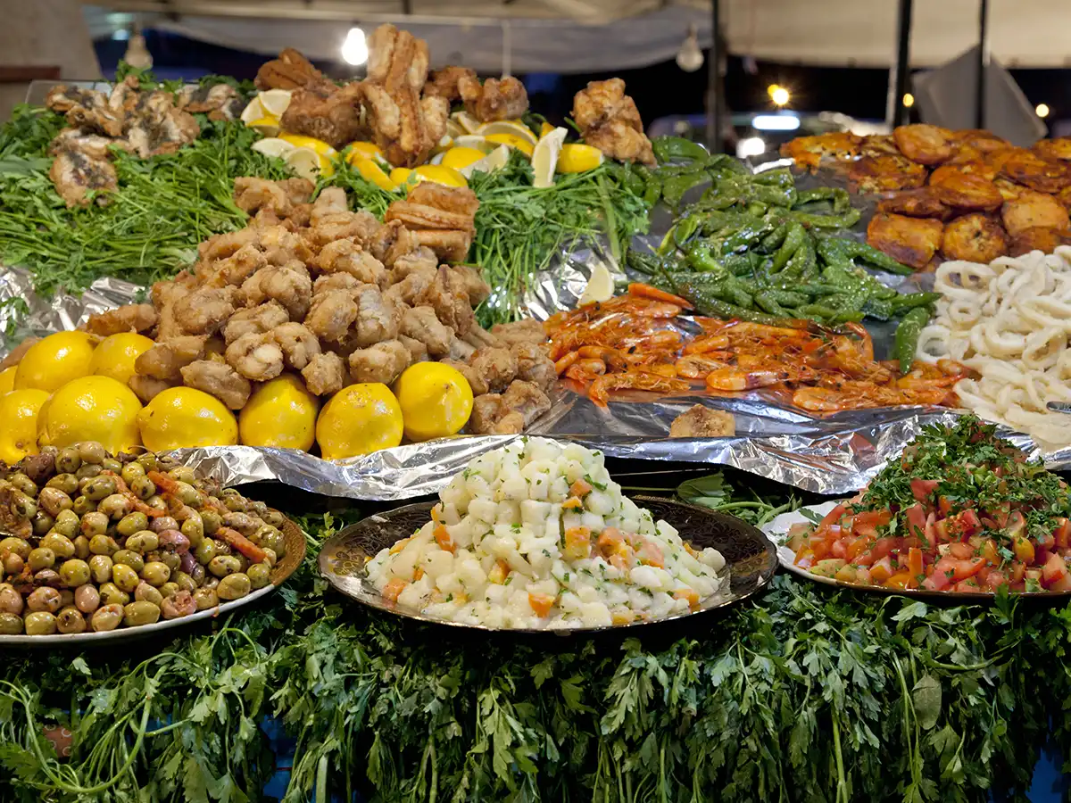 Traditional Moroccan food market in Marrakesh medina